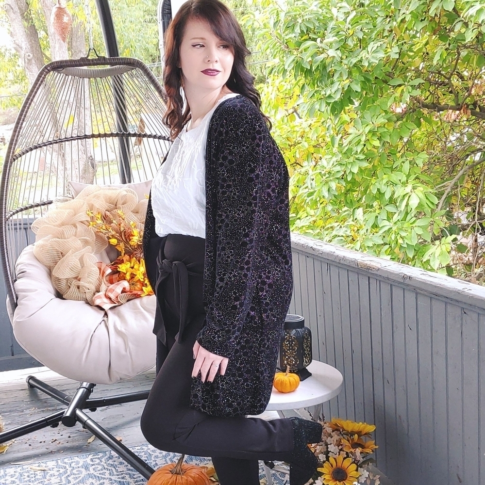 Onyx Nite Black Burnout Velvet Open Front Cardigan Size 8 Evening Wear - Picture 11 of 13